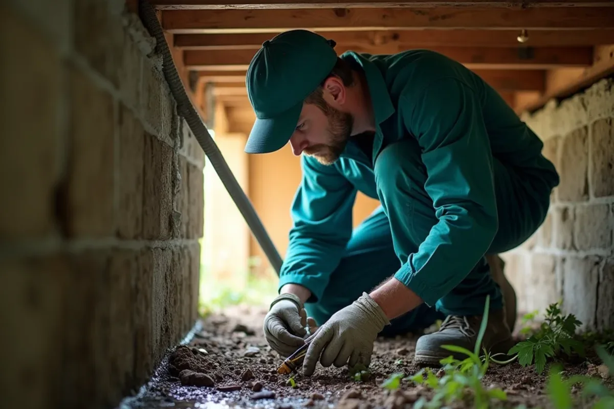 Technician inspecting a damp crawlspace under an older southern Indiana house