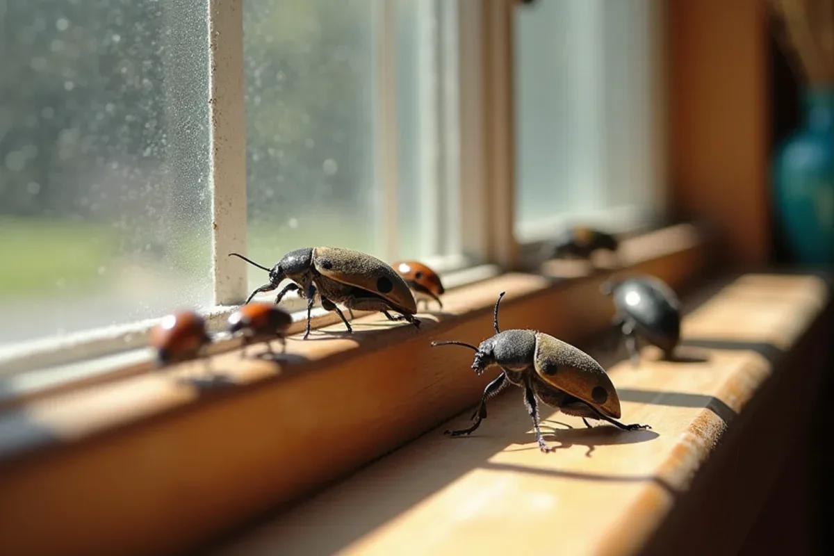 Stink bugs and Asian lady beetles clustered on a sunny window frame in October