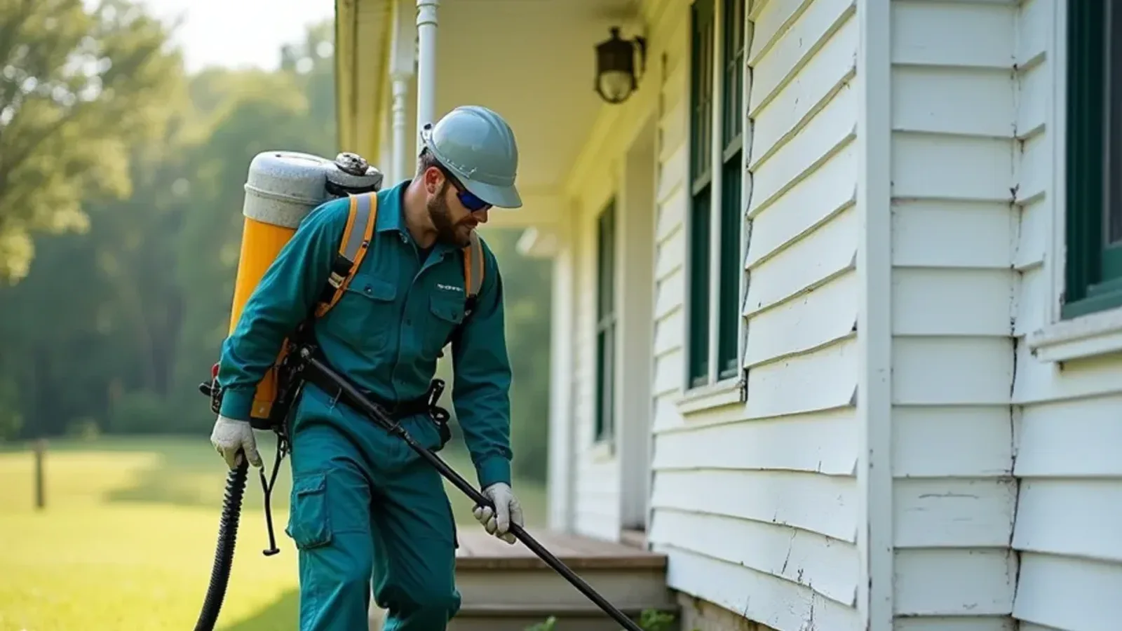 Technician treating the exterior foundation of a Jennings County, IN farmhouse for household pests
