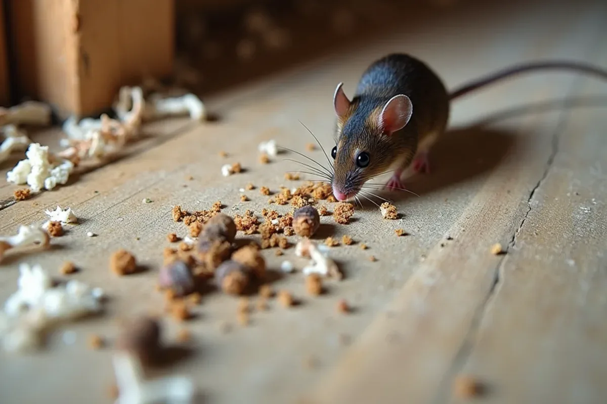 Mouse droppings and shredded insulation in a Jennings County, IN attic