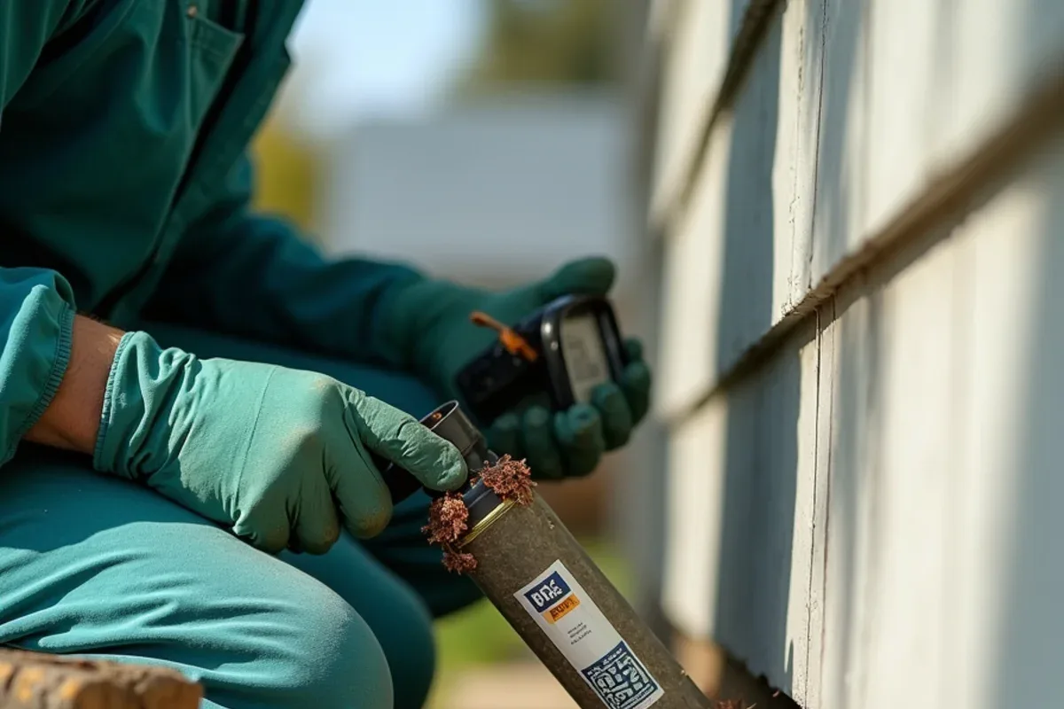 Copper mesh and sealant packed into a gap around a utility line on a North Vernon, IN house