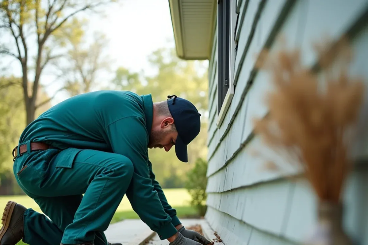 Technician checking a sill plate for subterranean termite damage in a Bedford, IN house