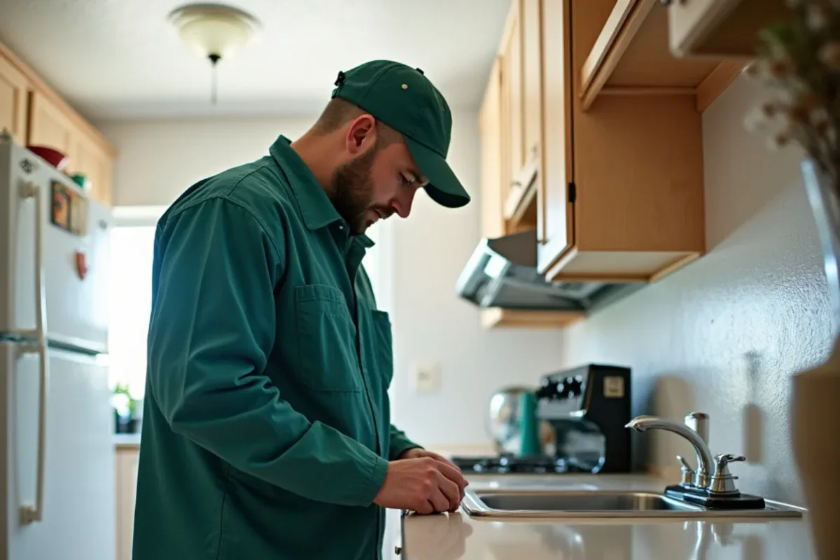 Technician inspecting a kitchen of a Columbus, IN apartment for cockroaches