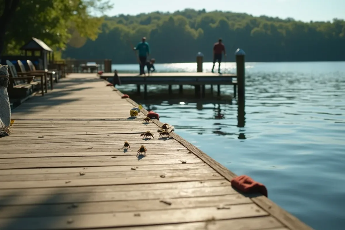 Lakeside deck and dock where paper wasps nest at Country Squire Lakes, IN