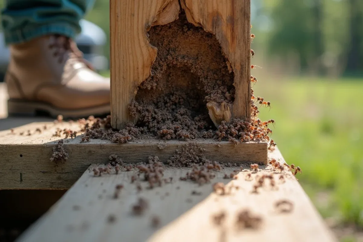 Carpenter ant damage in a damp wooden deck post on a Country Squire Lakes lot