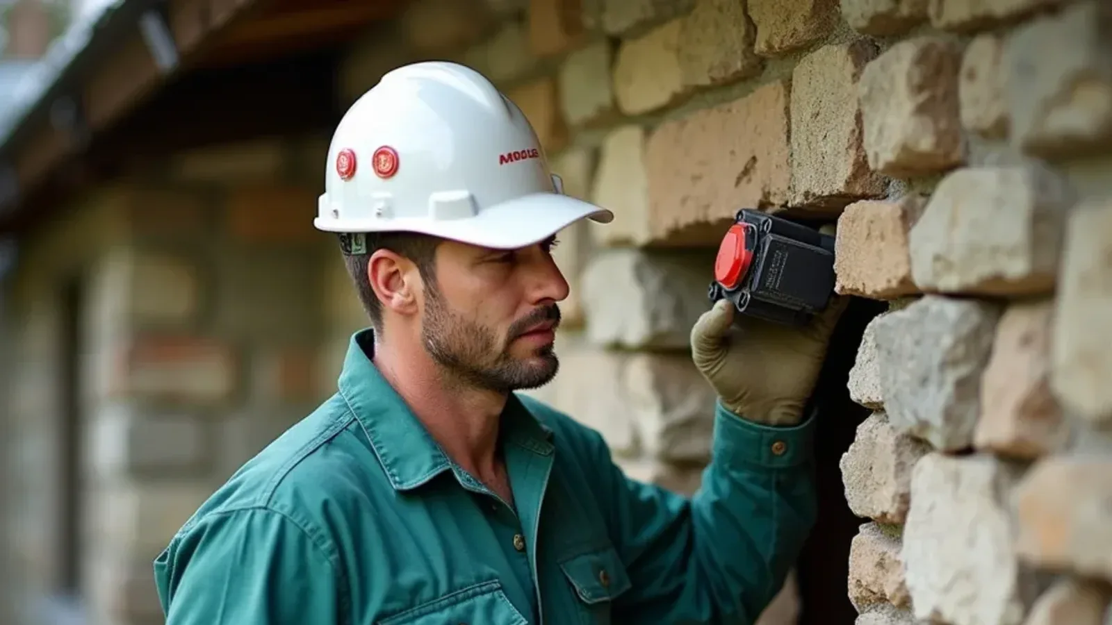 Miller's technician checking a stone cellar wall at a farmhouse near Dupont, IN