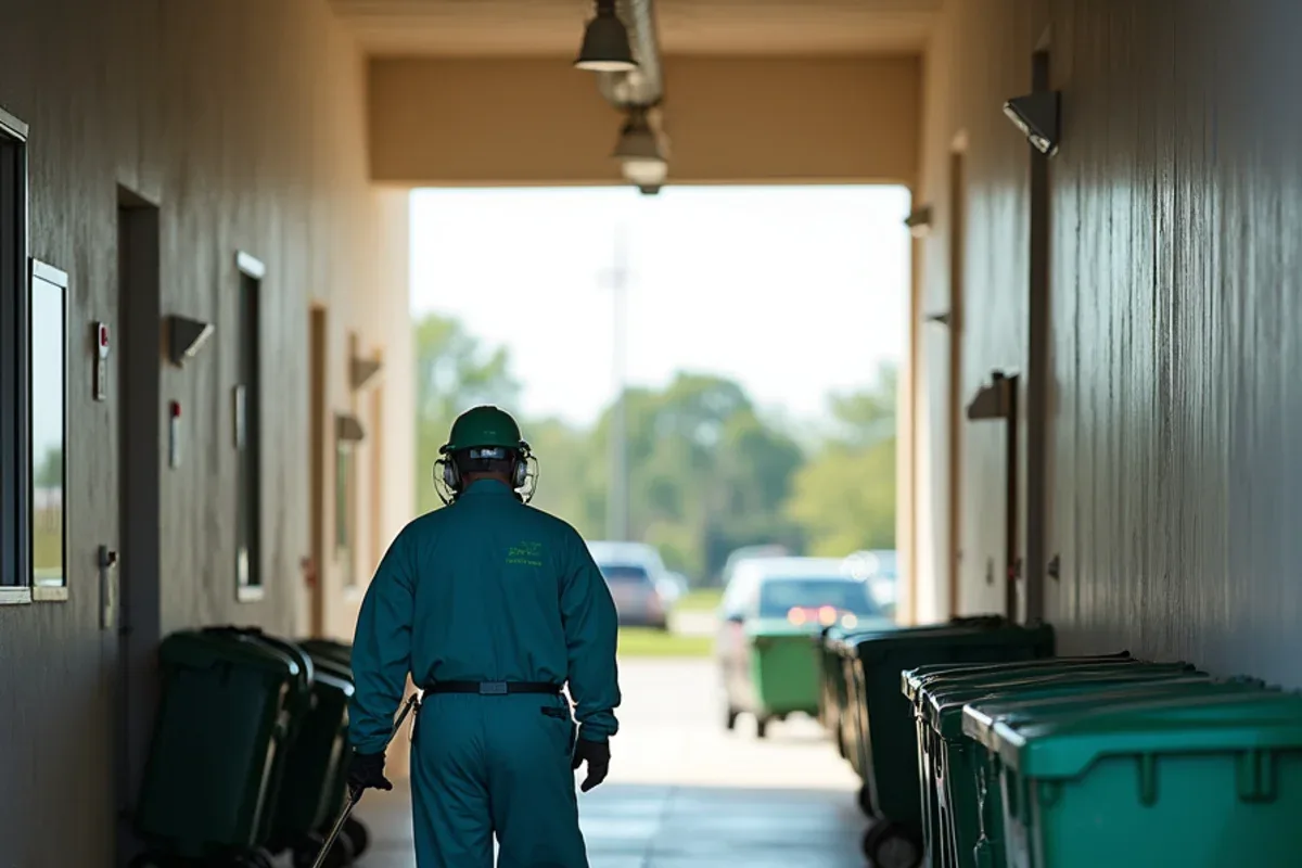 Rear service corridor and dumpsters at a retail center near I-65 in Edinburgh, IN