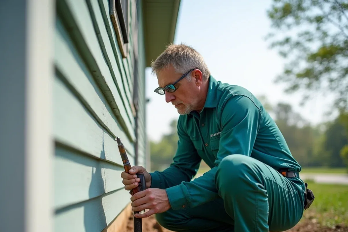 Technician drilling and treating soil along a rebuilt home foundation in Henryville, IN