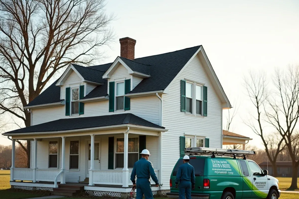Older frame house beside farmland in Holton, IN where field mice move in each fall