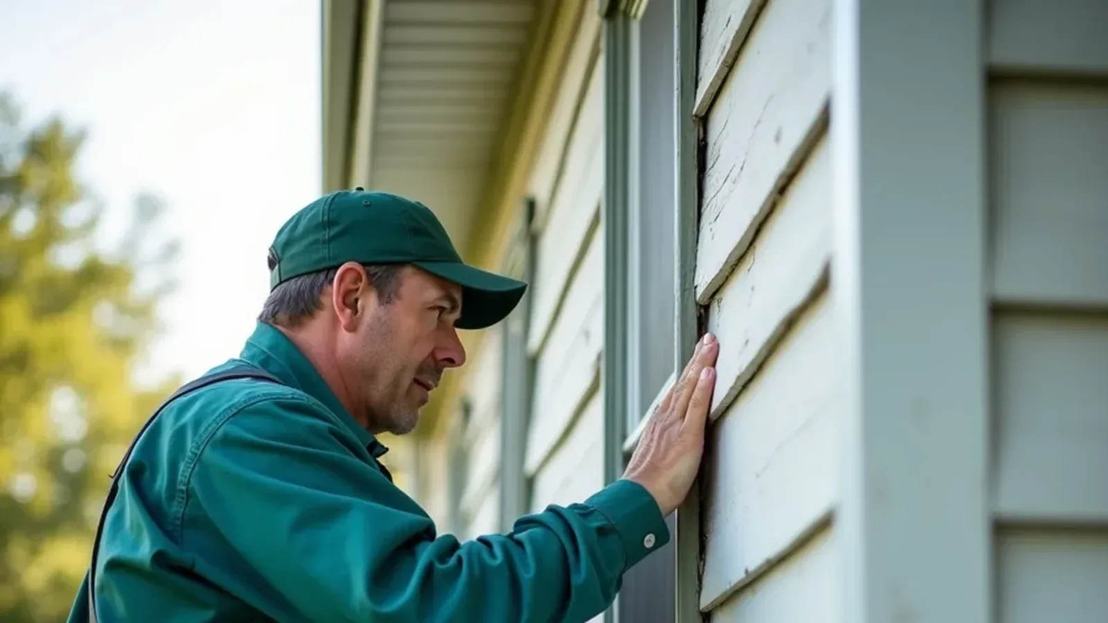 Miller's technician inspecting siding on an old frame home near the town square in Hope, IN