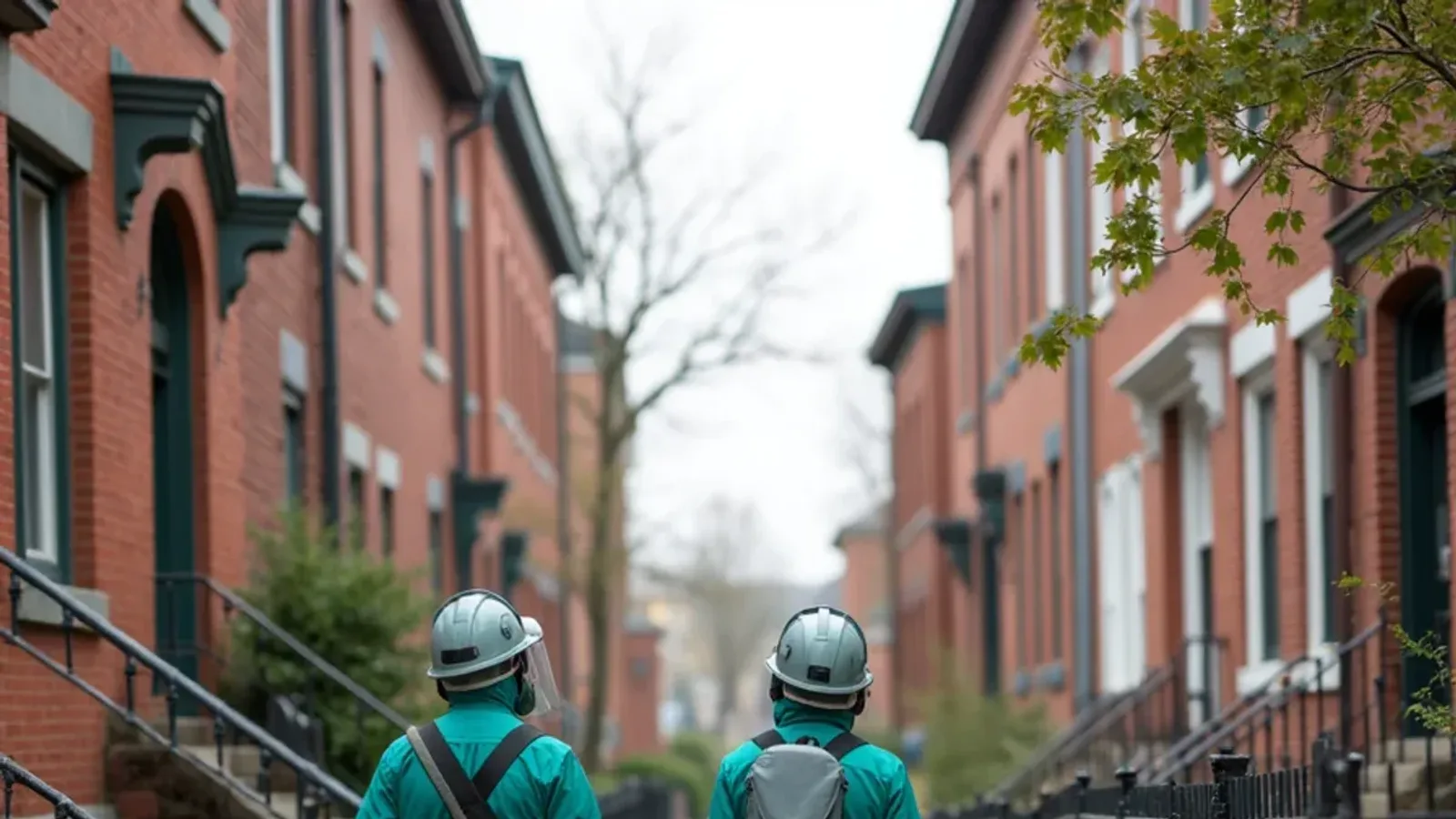 Historic brick rowhouses on a downtown street in Madison, IN above the Ohio River