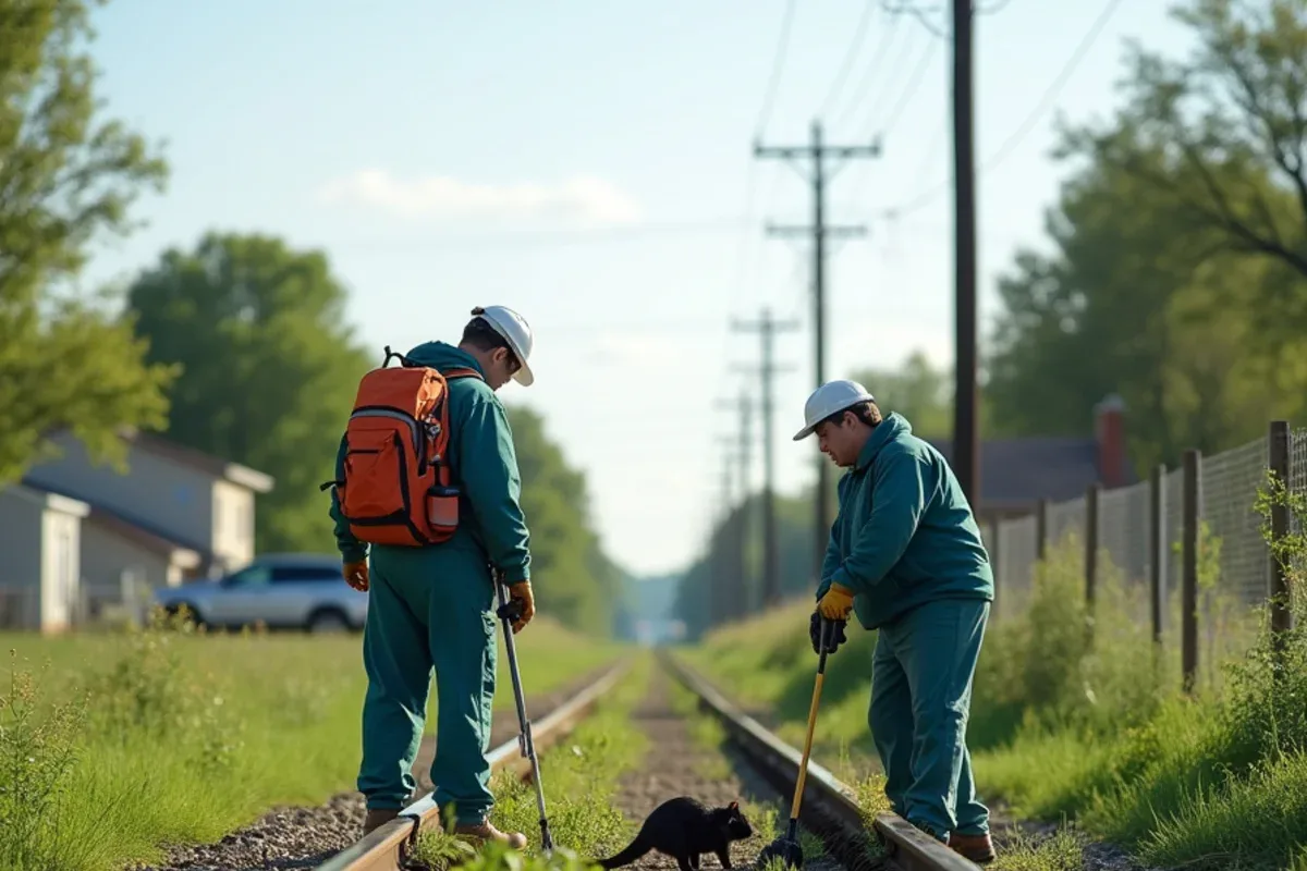 Rail-corridor weeds and fencing that harbor rodents near downtown North Vernon, IN