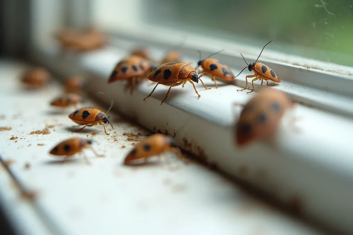 Brown marmorated stink bugs gathered on a sunny window in an Osgood, IN home