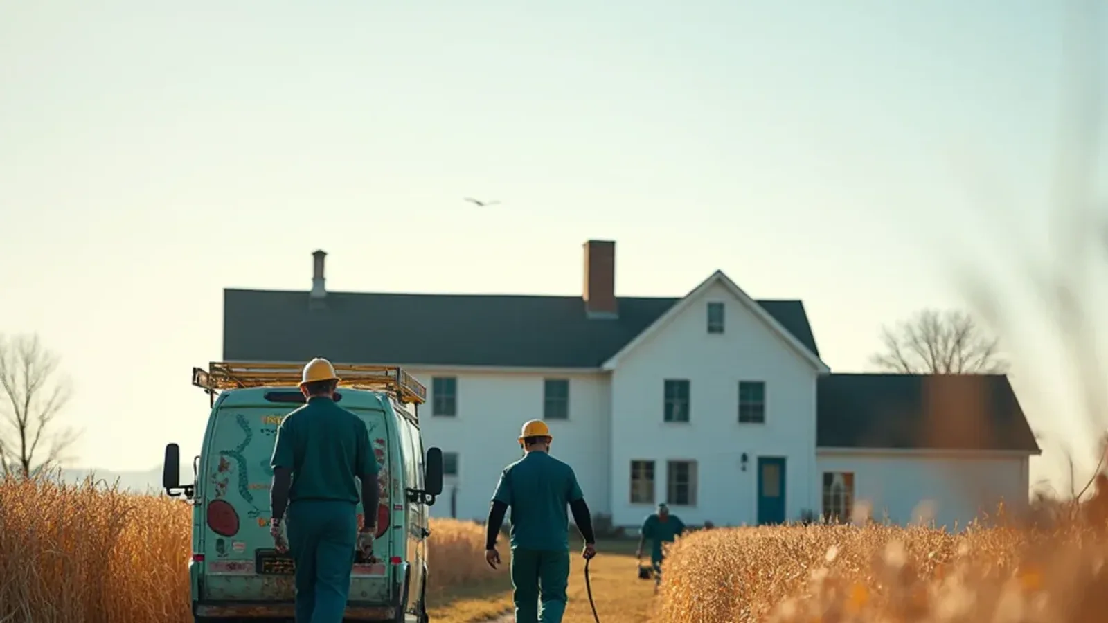 Farmhouse beside harvested fields near Scipio, IN in fall