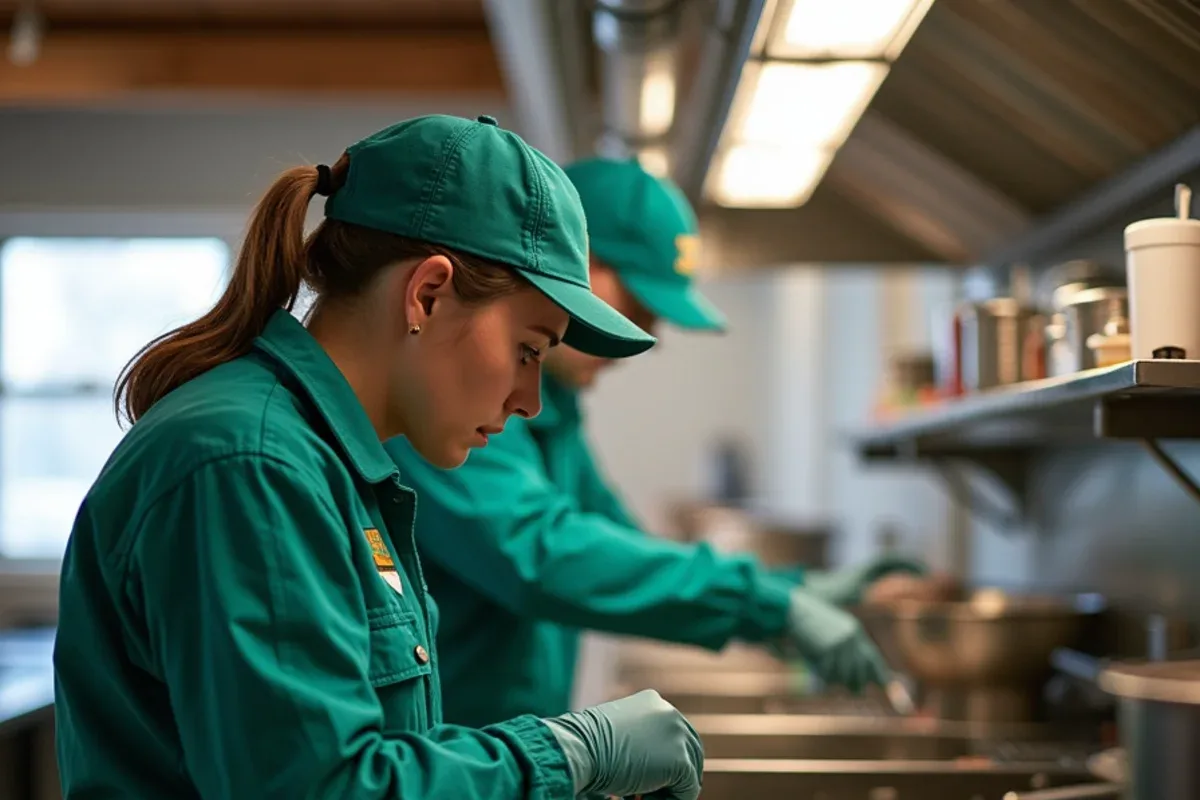 Technician placing roach bait behind a restaurant cooking line near Taylorsville, IN