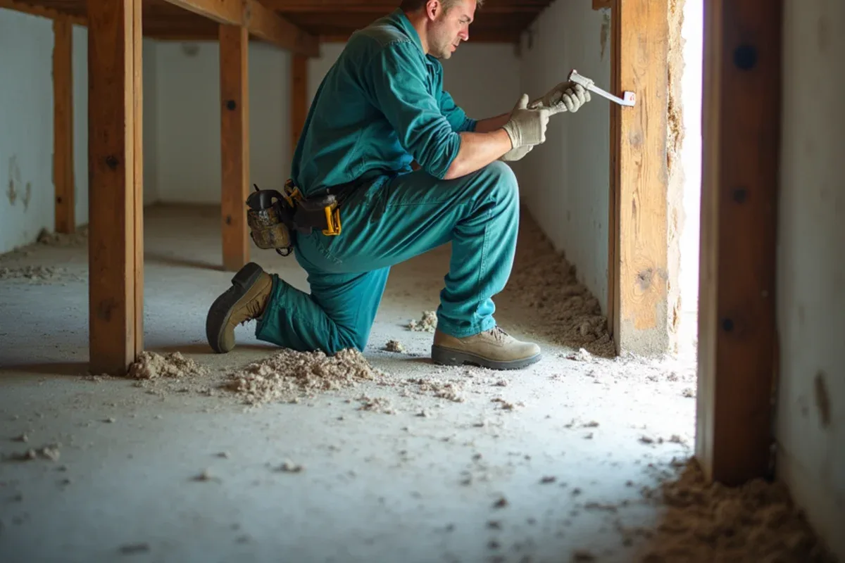 Old hand-hewn timber framing and sill beam in a Vernon, IN basement