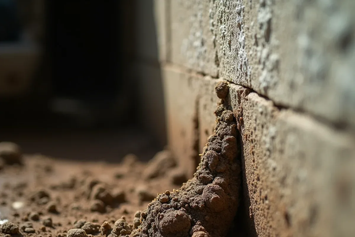 Subterranean termite mud tubes climbing a crawlspace foundation wall in Jennings County, IN