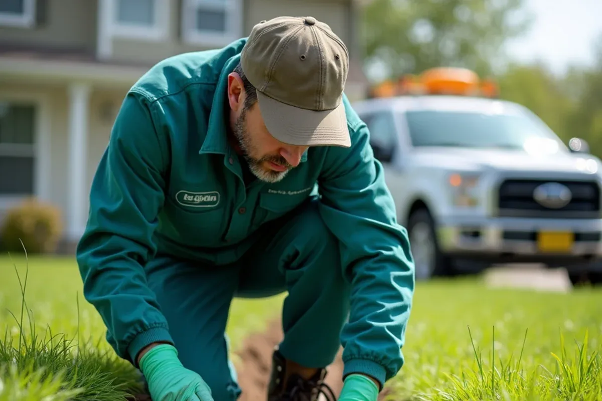 Technician applying a liquid termiticide barrier in a trench around a Hayden, IN home