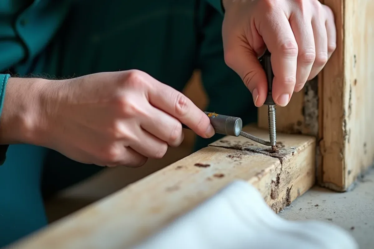Inspector probing a sill plate with a screwdriver for hidden termite damage