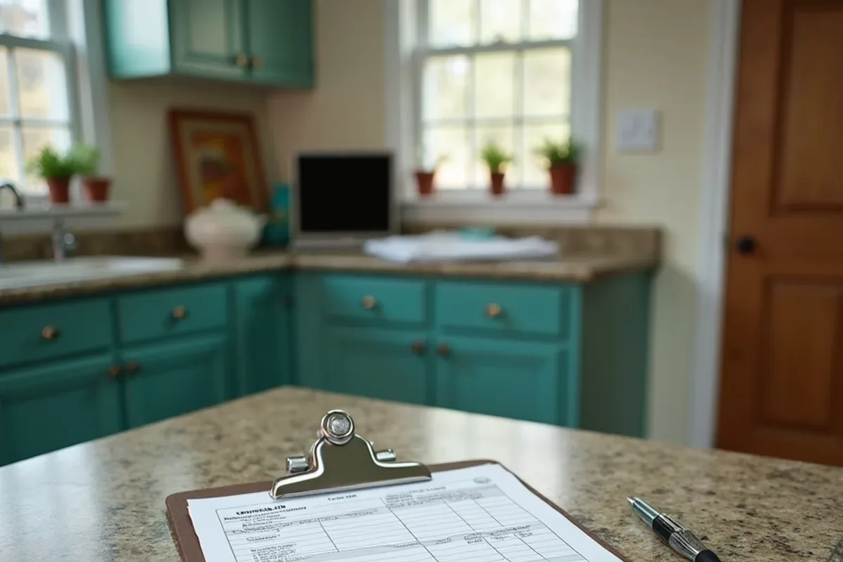 Completed NPMA-33 wood destroying insect report clipboard on a kitchen counter