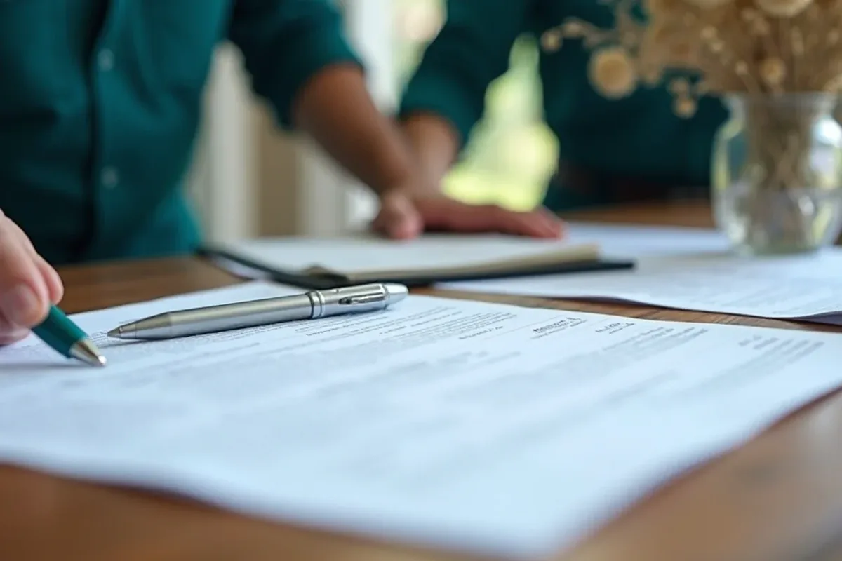 Home closing documents on a table with a pen, including a wood-destroying insect report
