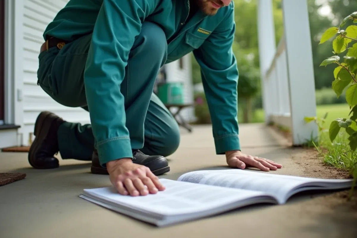 Inspector examining the exterior foundation and porch of a Seymour, IN home