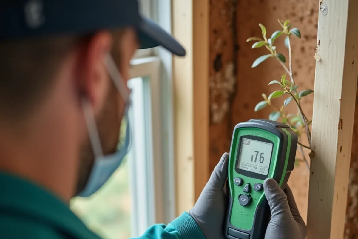 Moisture meter reading on damp framing near a bathroom in an older Jennings County home