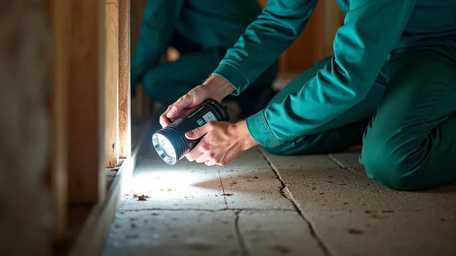 Inspector with a flashlight and moisture meter examining the sill plate in a crawlspace in North Vernon, IN