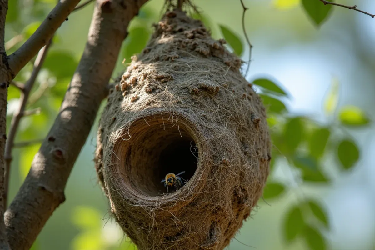 Football-sized bald-faced hornet nest hanging from a tree limb in Jennings County, IN